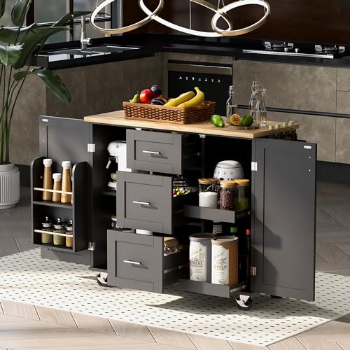 Kitchen Island Cart with Storage, 3 Drawers, Wheels, Wood Top S104593