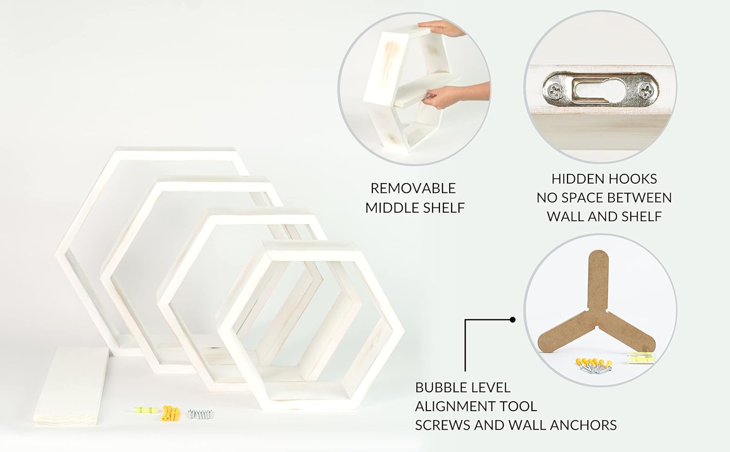 Extra Large Hexagon Floating Shelves Set of 4, Rustic White F56591