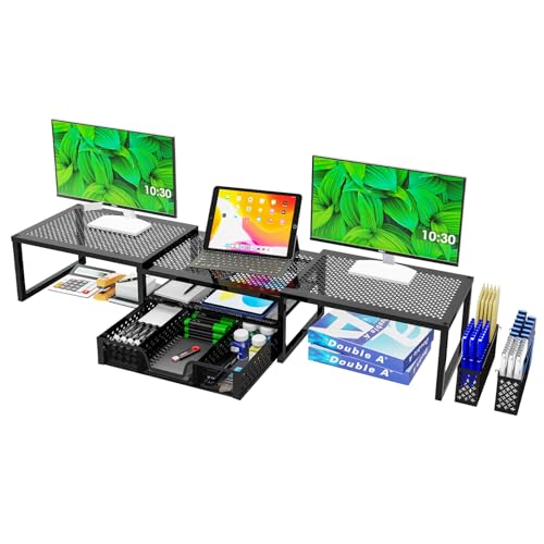 Simple Trending Dual Metal Monitor Stand Riser for 2 Monitors,Adjustable Angle Computer Desk Organizer with Drawer and Pen Holder for Laptop, Computer, iMac, Black