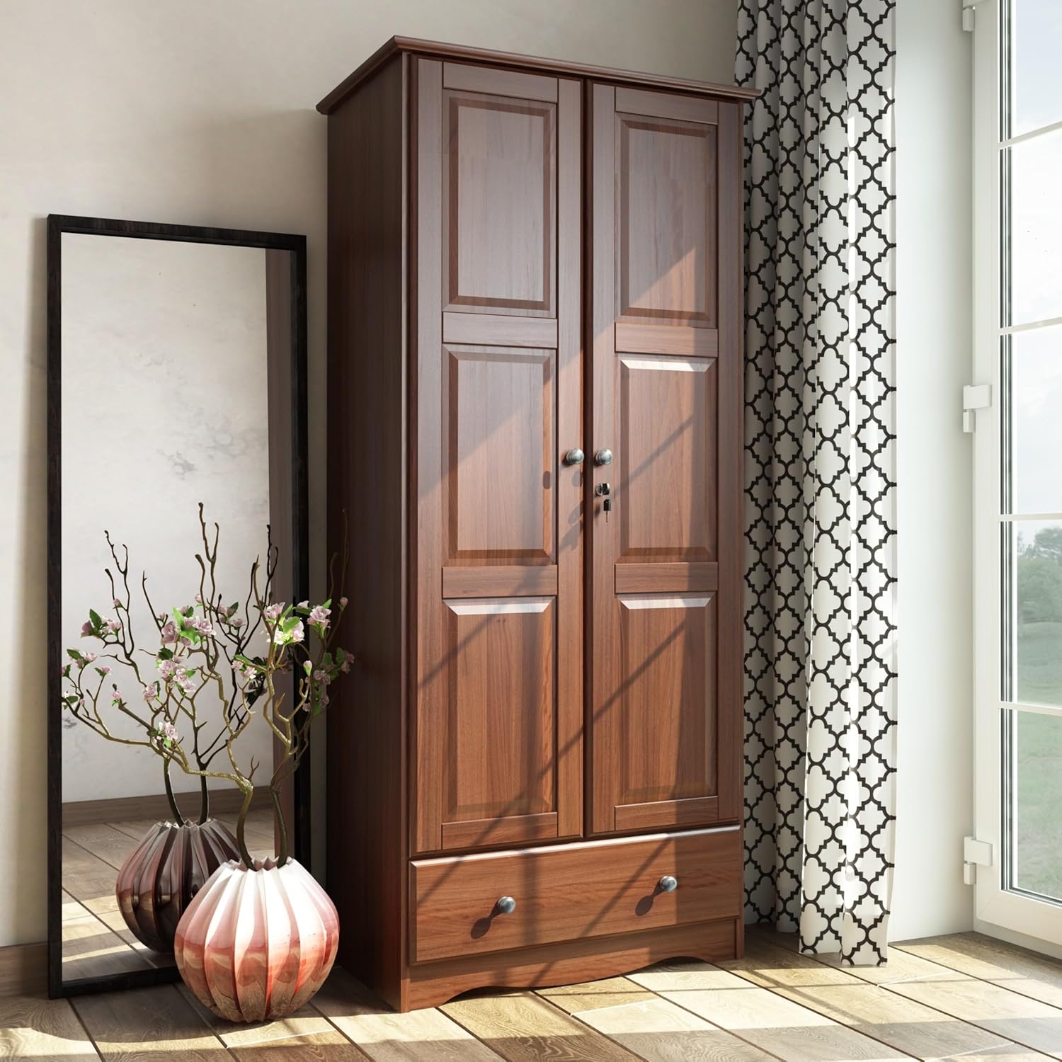 Solid Wood Flexible Wardrobe Armoire with Metal Knobs, Mocha Stained Q33217