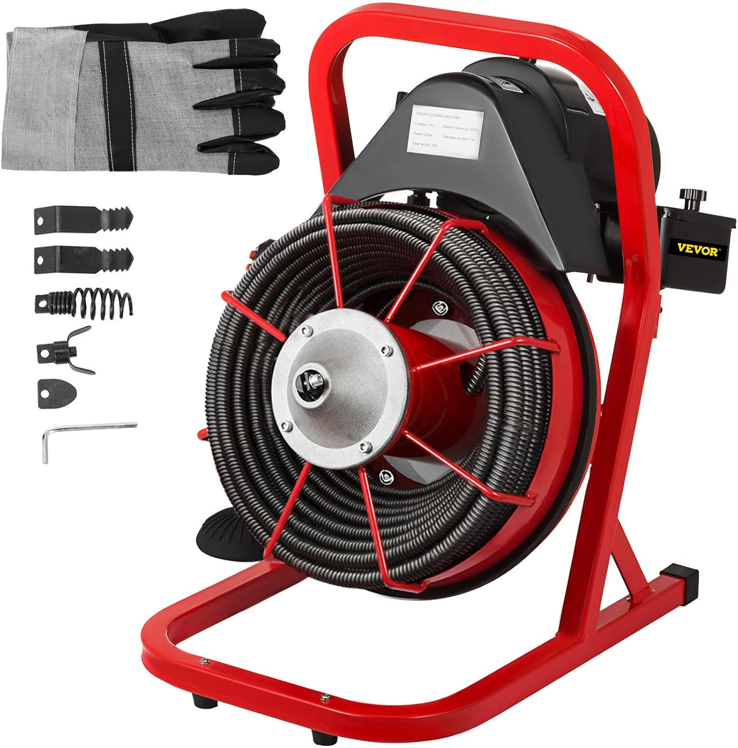 VEVOR 50 Ft x 1/2 Inch Drain Cleaner Machine Best fit 1”(25mm) to 4”(100mm) Pipes Drain Cleaning Machine Portable Drain Auger Cleaner with 4 Cutters Electric Drain Auger Plumbing Tool (50Ft x 1/2In)