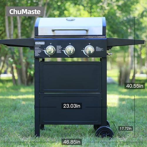 3 burner propane gas grill with thermometer and foldable rack L9028