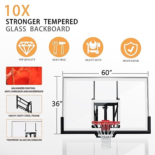 Basketball Hoop Wall Mounted Adjustable Height with Tempered Glass Backboard T529459