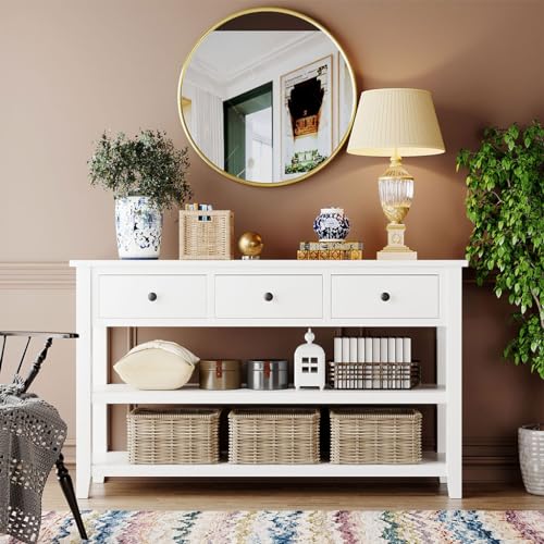 Retro Console Table with 2 Shelves and 3 Drawers, Solid Wood, Beige R22906