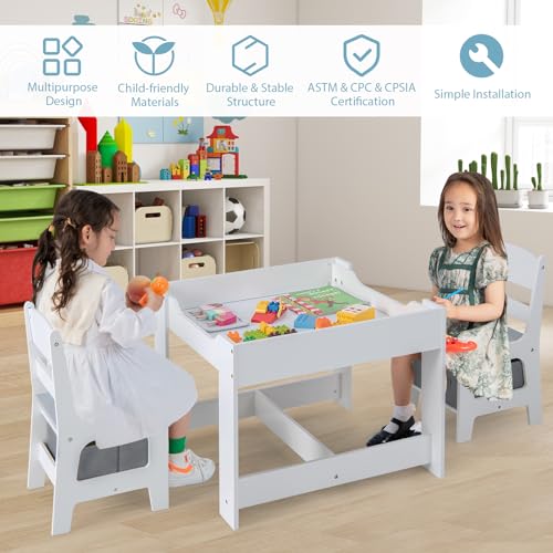 Kids Table and Chairs 3-in-1 Craft Table with Storage, Detachable Tabletop, Removable Blackboard T538236
