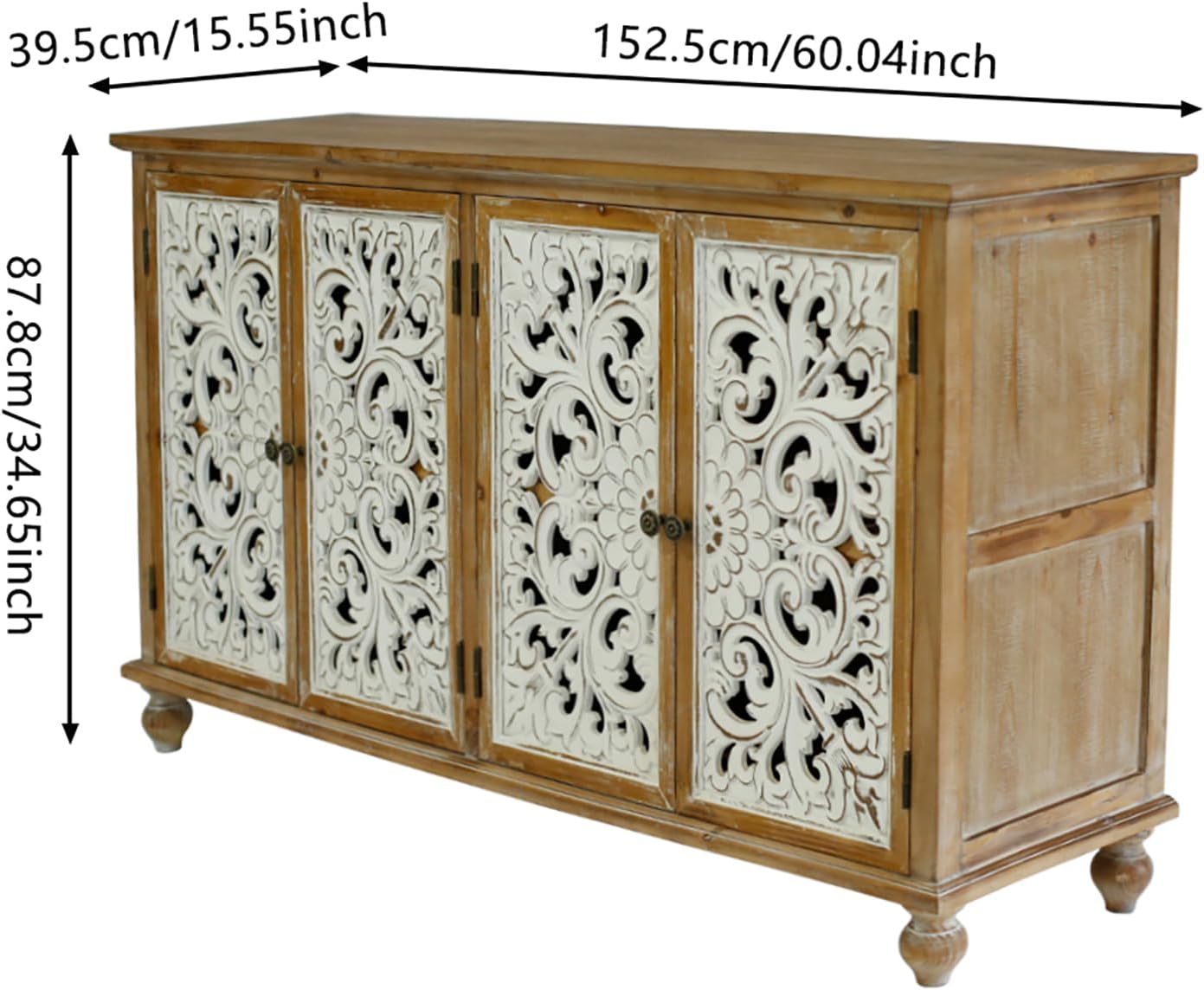 Accent Cabinet with 4 Doors, Wood Carved Floral Storage Sideboard Z52452