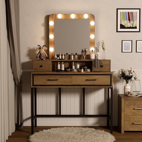 Makeup Vanity Desk with Dimmable Lighted Mirror and 4 Drawers W12518