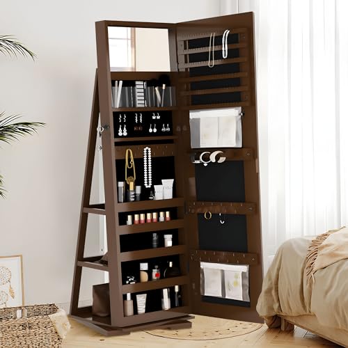 Rotating Jewelry Cabinet with Mirror, Full Length Wooden Storage Armoire with Lock J1222