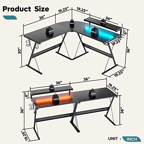 L Shaped Gaming Desk with LED, 55 Inch, Monitor Shelf and Cup Holder E979552