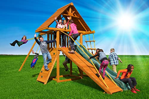 Solid Cedar Wood Swing Set with Clubhouse, Rock Wall and Slide A6348