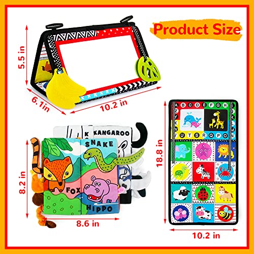 Tummy Time Mirror with Soft Crinkle Cloth Book and Teethers, Black and White Sensory Toy for Newborns E42164