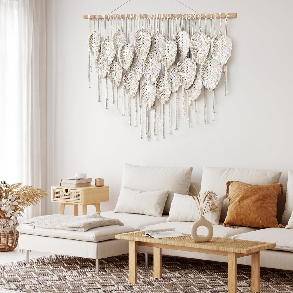 Macrame Wall Hanging Boho Beige Leaves Tapestry Handmade Woven Wall Art X26303