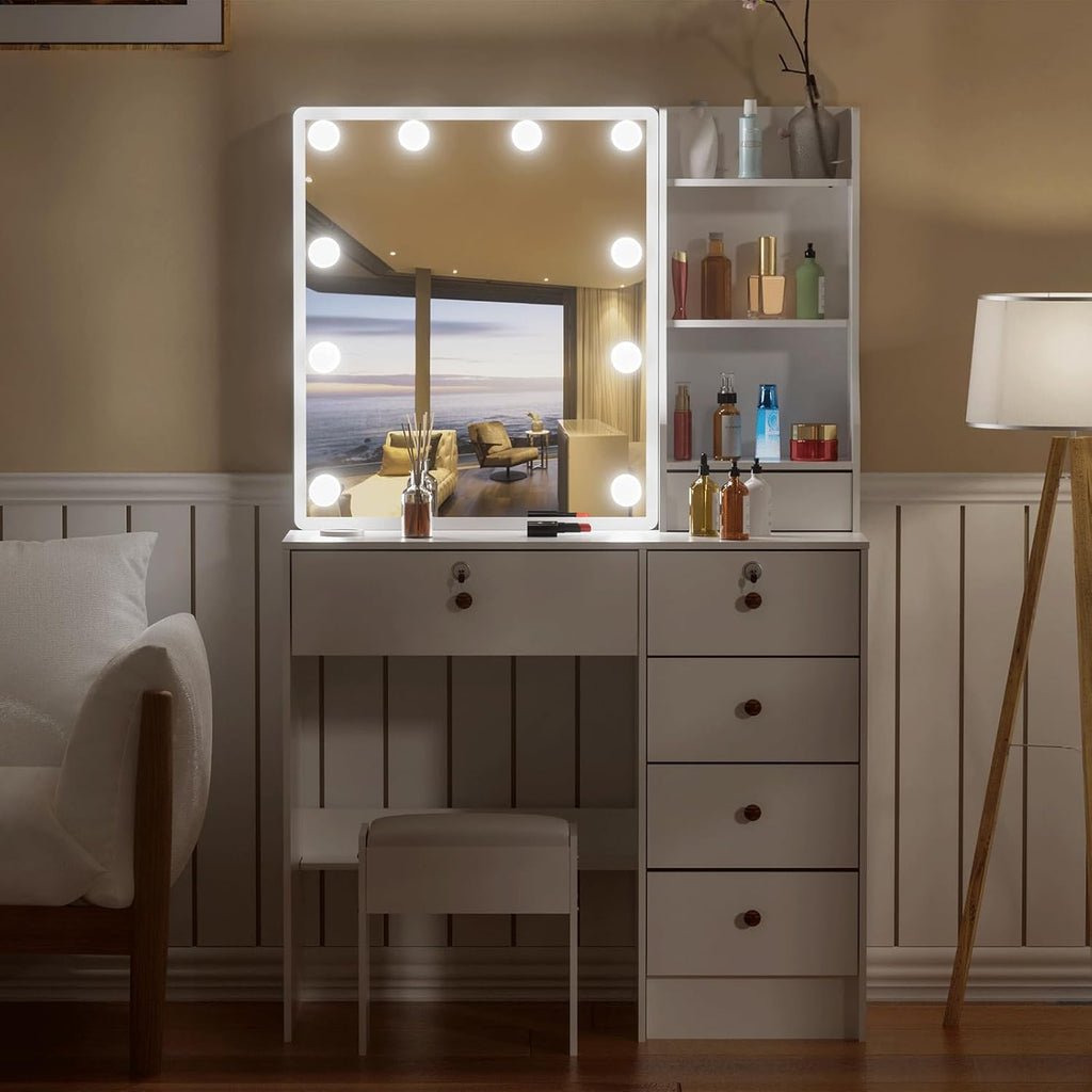 Girls Makeup Vanity with Sliding Mirror and Lights, Lockable Drawers, Soft Chair V777