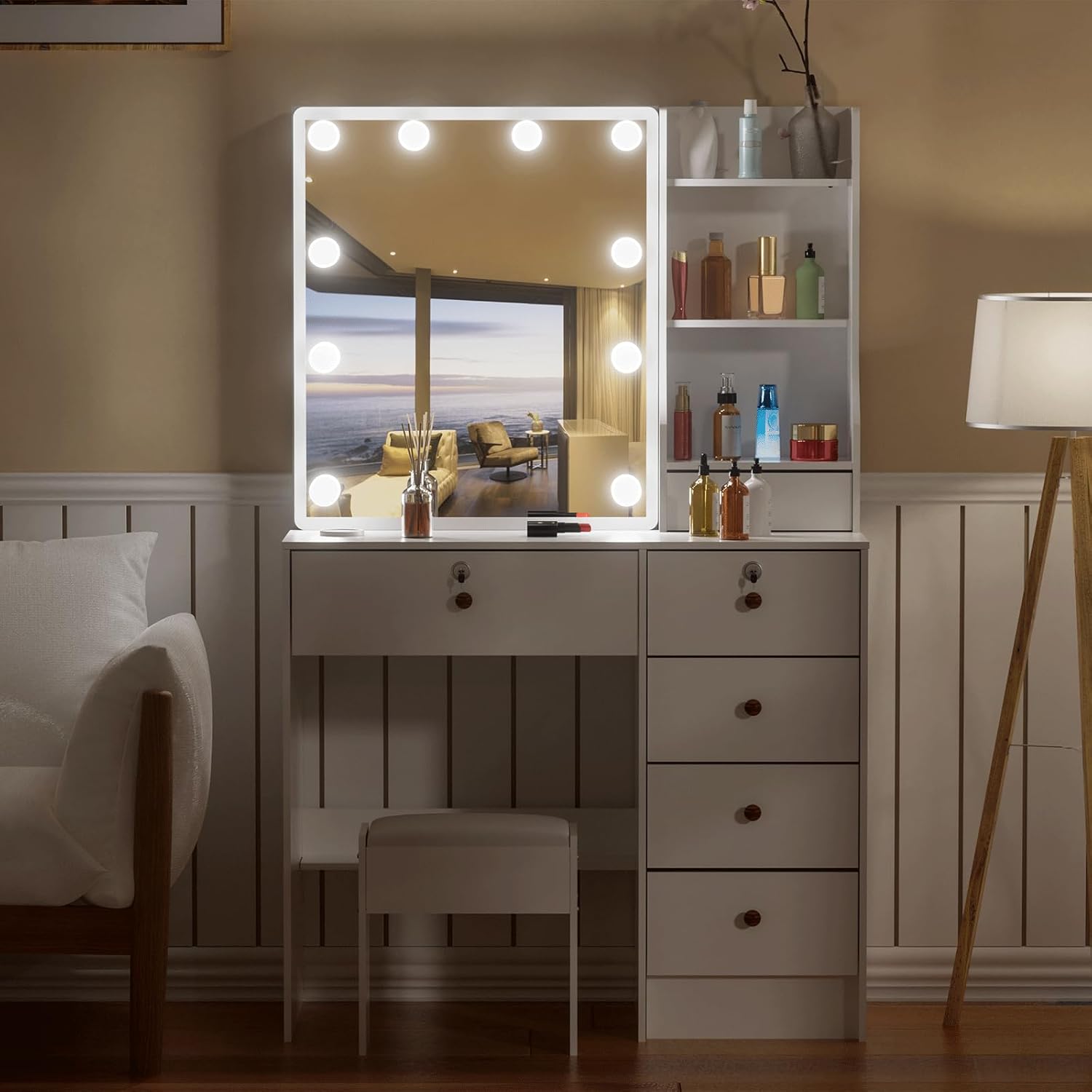 Girls Makeup Vanity with Sliding Mirror and Lights, Lockable Drawers, Soft Chair V777