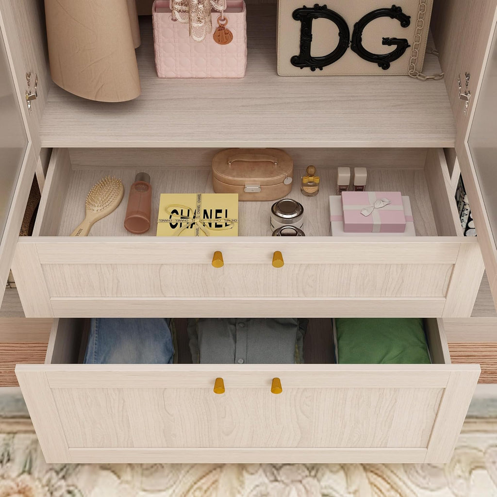 Armoire Wardrobe Closet with 4 Frosted Glass Doors, Hanging Bars, Shelves & Drawers O927454