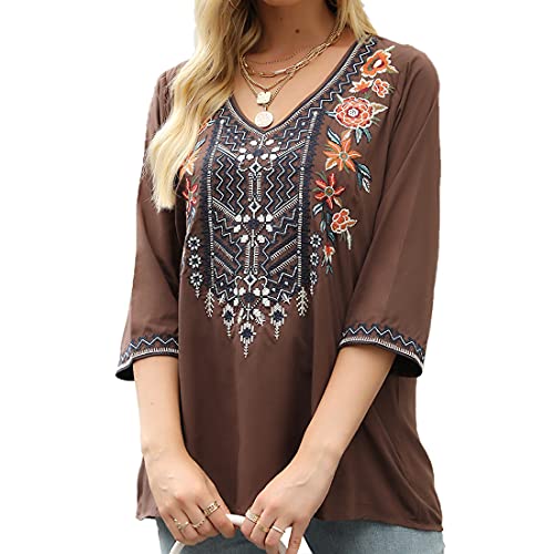 Women's Embroidered 3/4 Sleeve V Neck Peasant Tunic Blouse Q7436