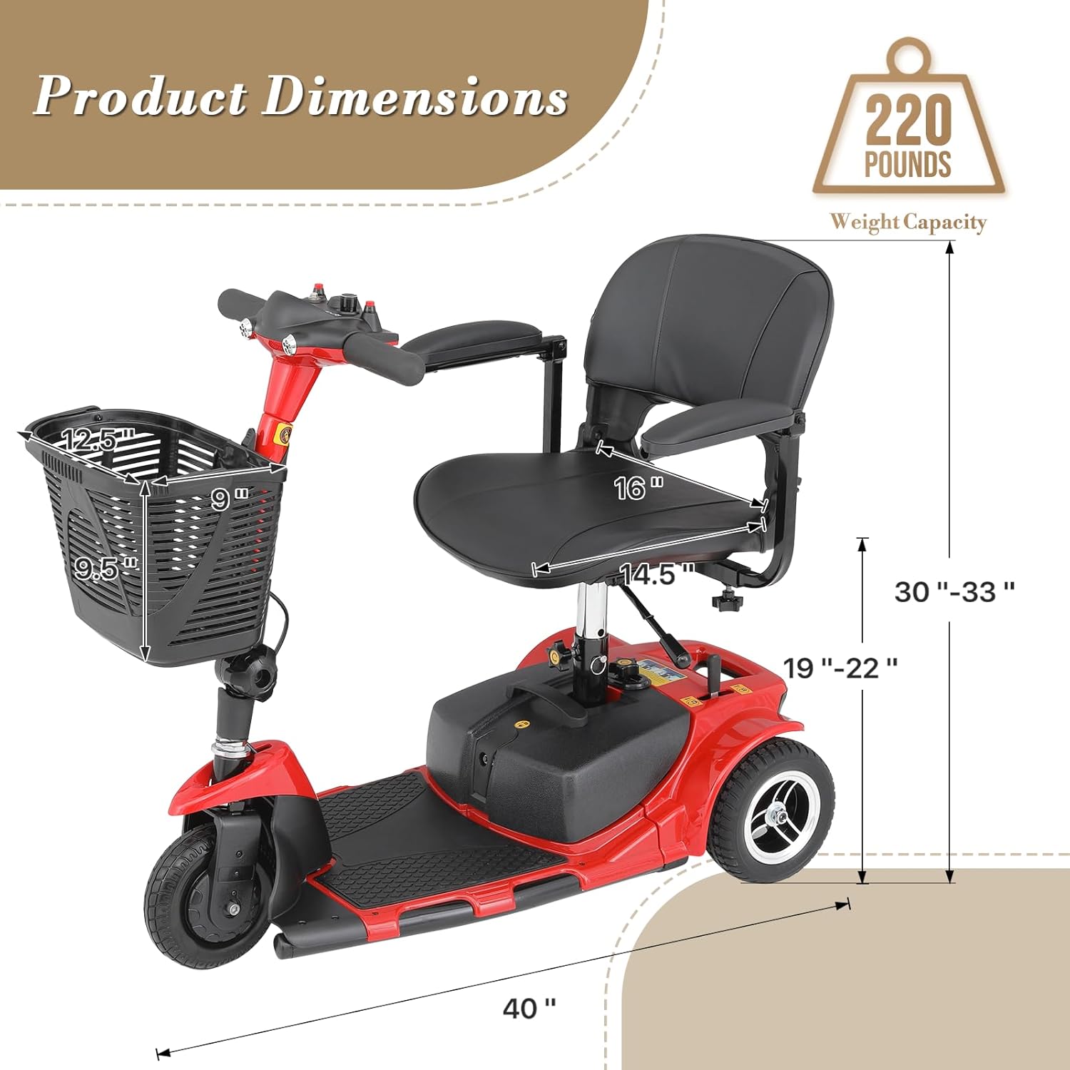 3 Wheel Mobility Scooter for Adults Seniors, Foldable Electric with Seat S3124