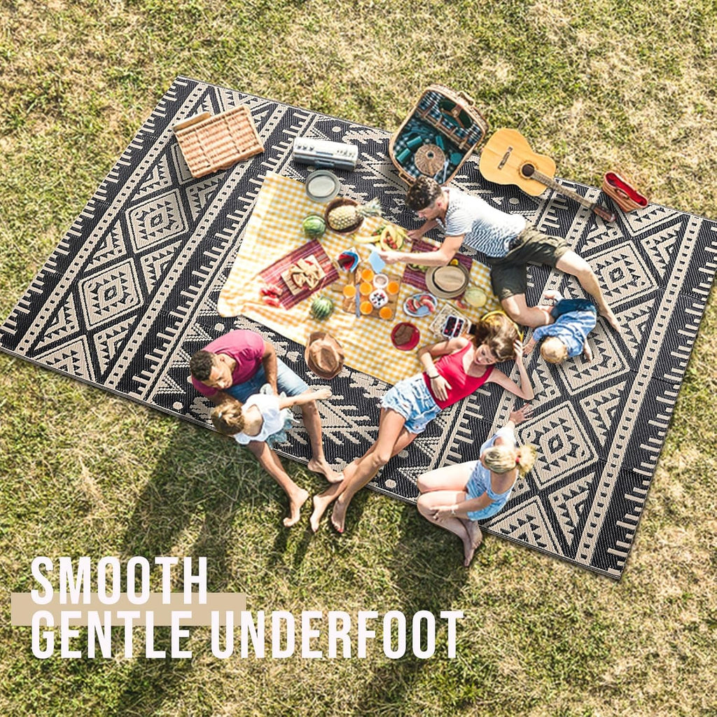 Outdoor Rug Waterproof 5x8 ft, Reversible Patio Carpet, Black & Beige N2568
