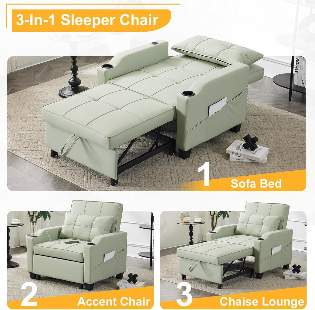 Sleeper Chair 3-in-1 Pull Out Sofa Bed Convertible Reading Chair with USB Ports, PU Leather Mint Green V733820