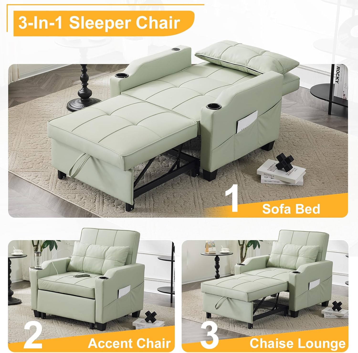 Sleeper Chair 3-in-1 Pull Out Sofa Bed Convertible Reading Chair with USB Ports, PU Leather Mint Green V733820