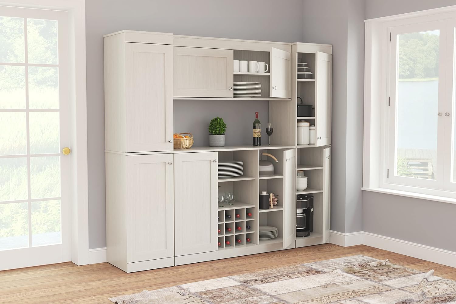 Shaker Style 4-Piece Buffet Storage System with 2 Tall Cabinets, Washed Oak R39755