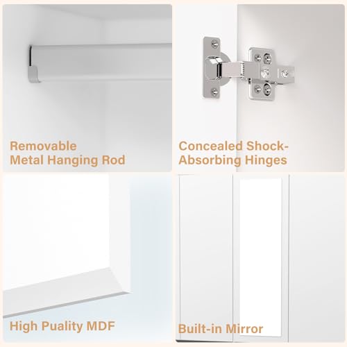 4 Door Wooden Wardrobe Closet with Mirror and Hanging Rod H38907