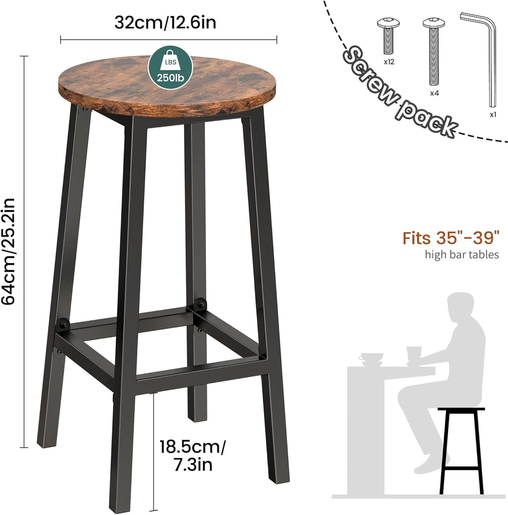 Bar Stools Set of 2 with Footrest, 25.6 Inch Tall, Rustic Brown and Black B43108