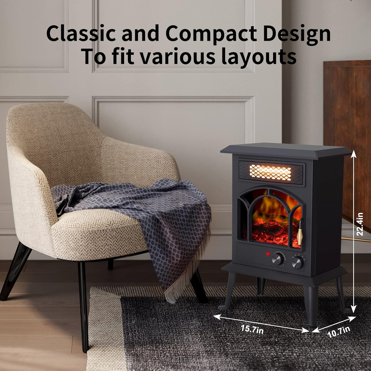 Electric Fireplace Heater, 1500W Portable Infrared Stove with Realistic Flame Effects K372397
