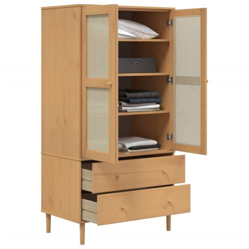 Rattan Look Solid Pine Wood Wardrobe with Ample Storage E52143