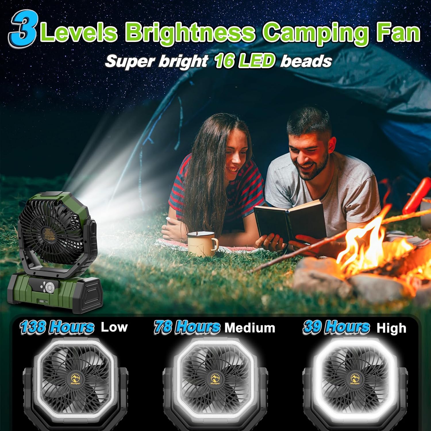 Rechargeable Portable Camping Fan with LED Lantern, Remote, and Hook N6398