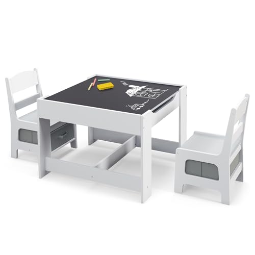Kids Table and Chairs 3-in-1 Craft Table with Storage, Detachable Tabletop, Removable Blackboard T538236