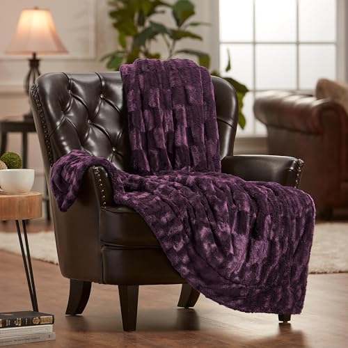 Embossed Faux Fur Throw Blanket, Soft Lightweight, 50" x 65", Gray C91341