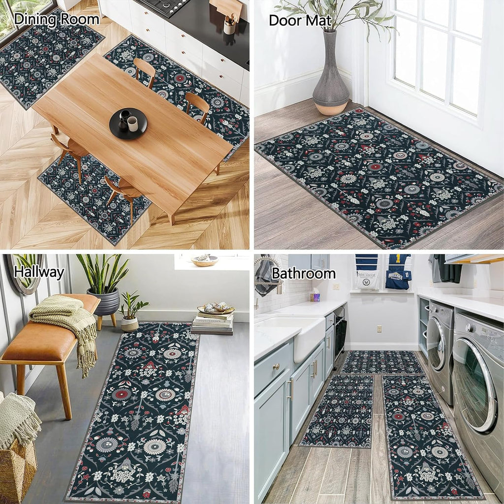 Moroccan Trellis Kitchen Rug Set of 3 Non Slip Floral Floor Mats E884889