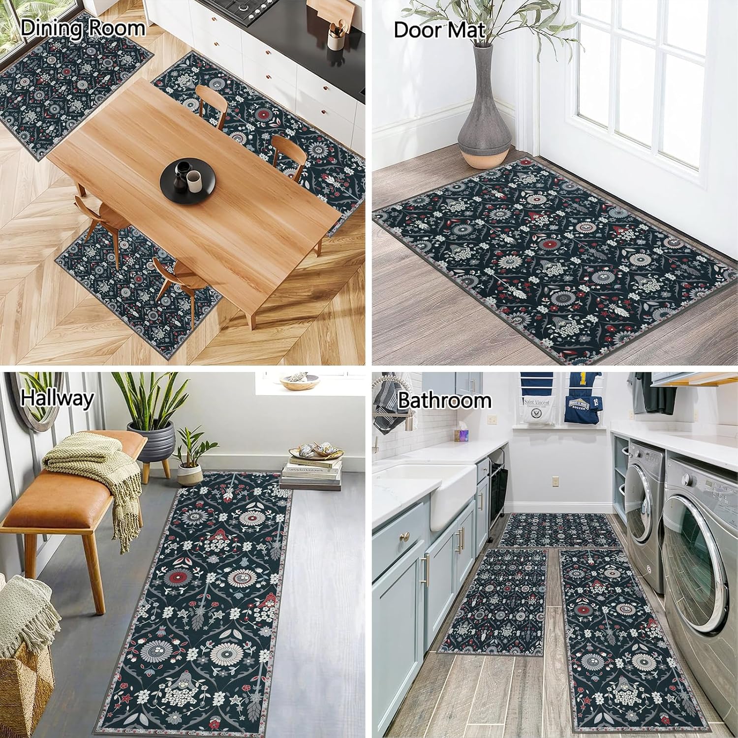 Moroccan Trellis Kitchen Rug Set of 3 Non Slip Floral Floor Mats E884889