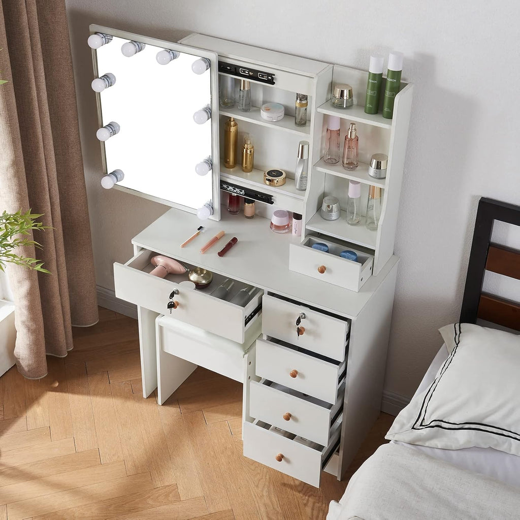 Girls Makeup Vanity with Sliding Mirror and Lights, Lockable Drawers, Soft Chair V777