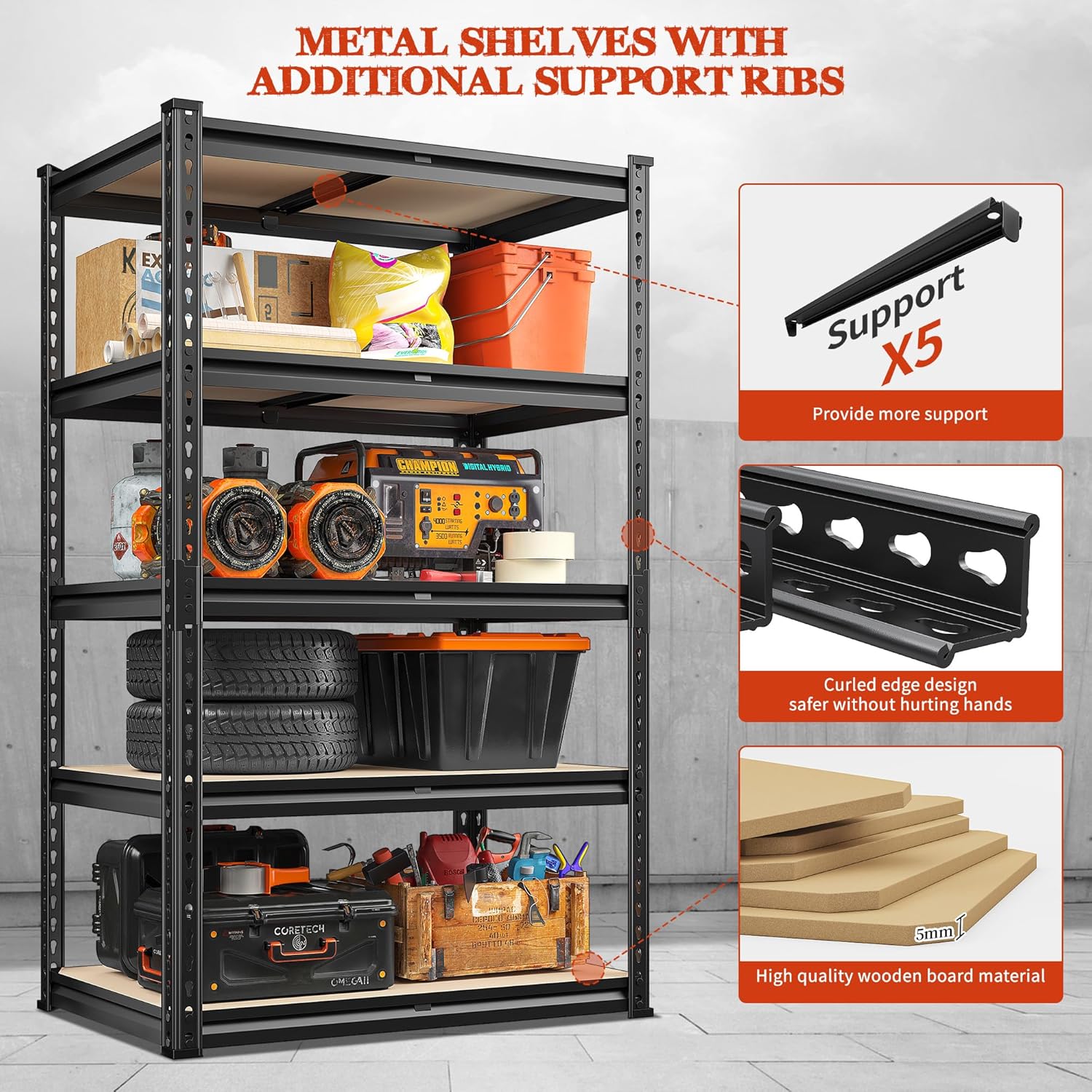 Heavy Duty 5-Tier Garage Shelving Unit, 60" H x 28" W x 14" D F3895