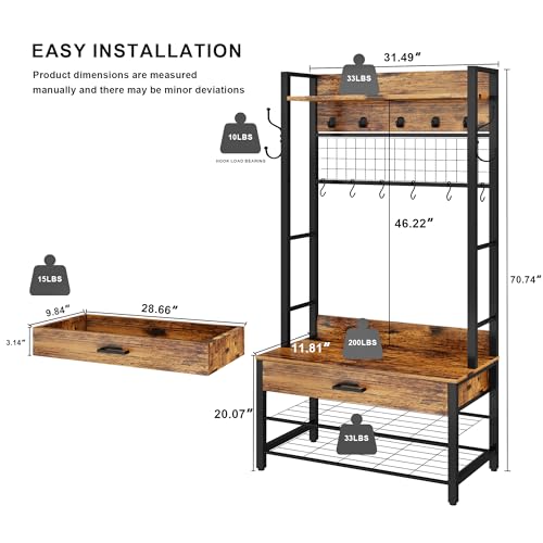 Hall Tree with Bench and Shoe Storage for Entryway, 5-in-1 Coat Rack with 12 Hooks B38564