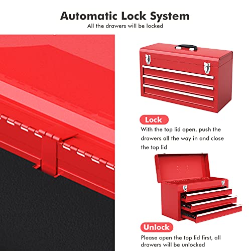 Portable 20" Steel Tool Box with 3 Drawers and Top Tray E61469