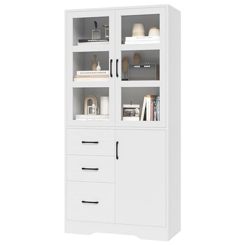 2 Pack Tall Bookshelves with Glass Doors and 3 Drawers, Black F273