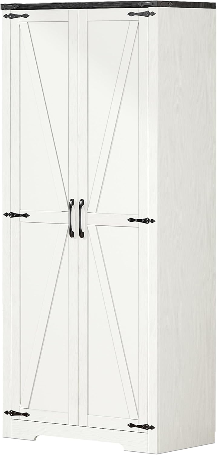 Wardrobe Closet with Doors, White Storage Cabinet with Hanging Rod R927973