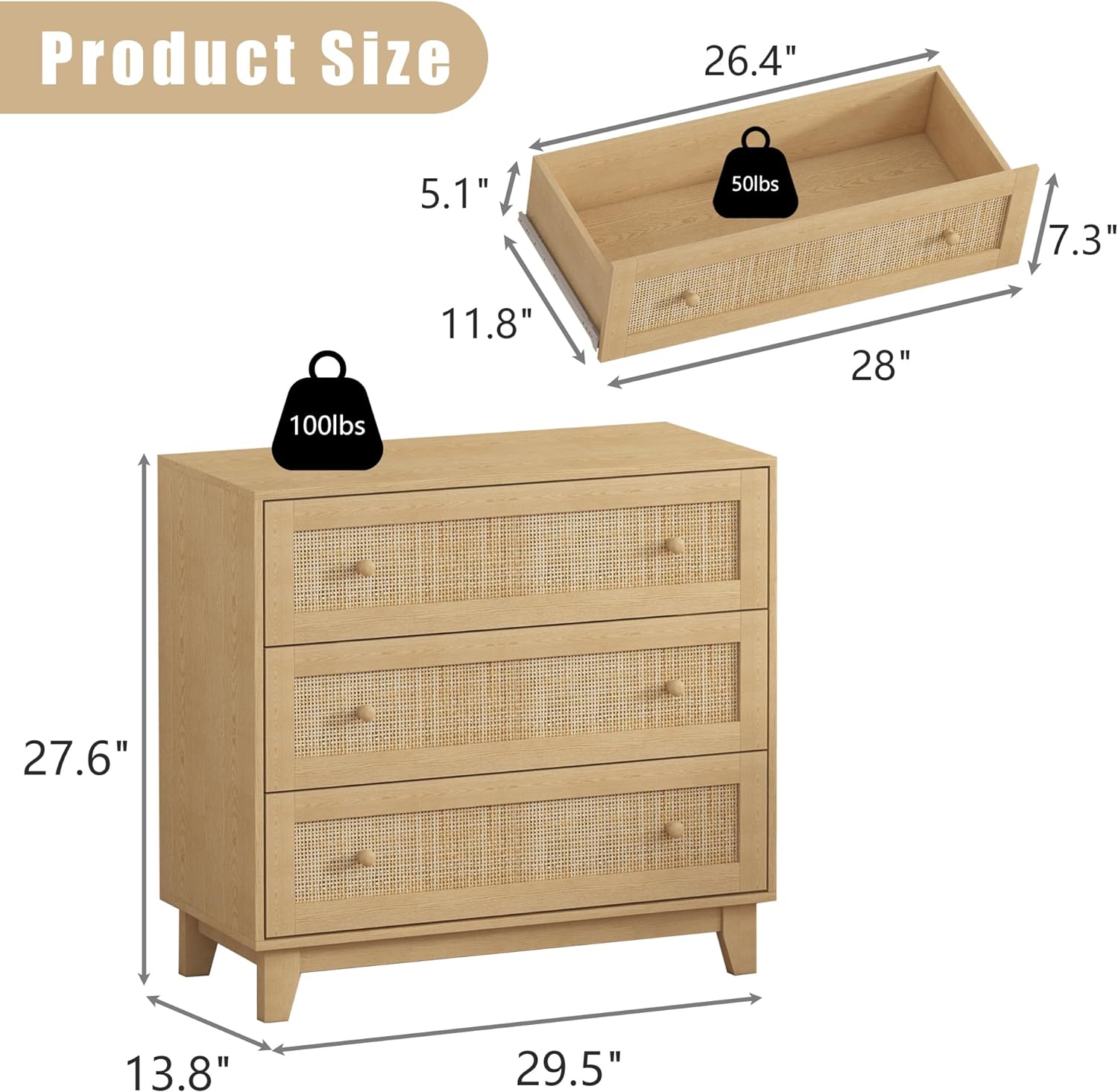 3 Drawer Dresser for Bedroom, Natural Rattan, Wood Storage Organizer S805155