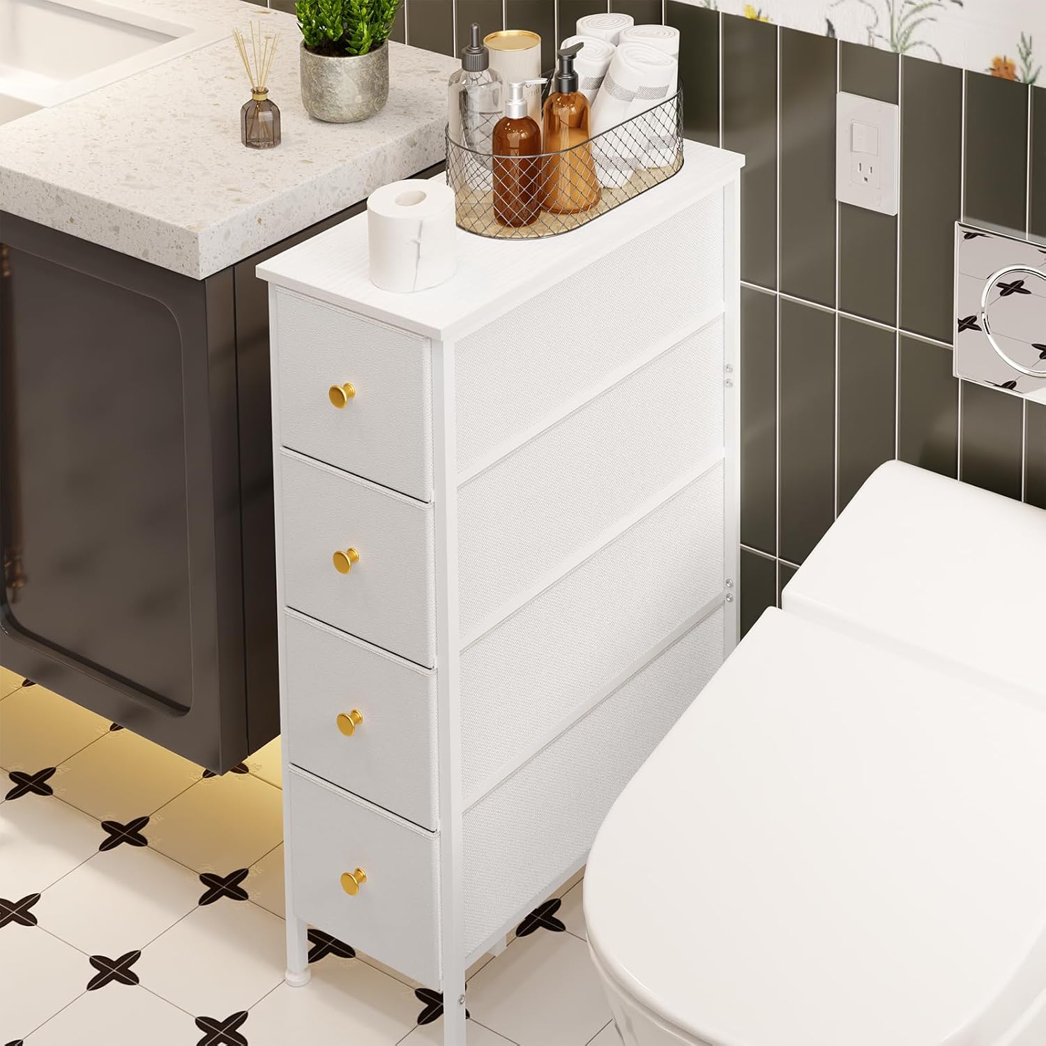 Narrow Storage Cabinet with 4 Drawers, Slim Fabric Dresser Tower for Small Spaces, White with Steel Frame and Wood Top M87984