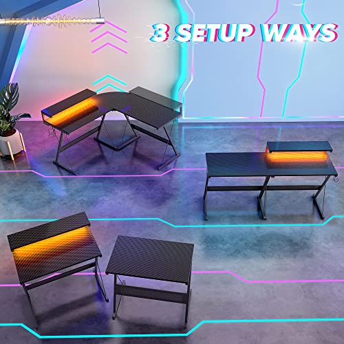 L Shaped Gaming Desk with LED, 55 Inch, Monitor Shelf and Cup Holder E979552