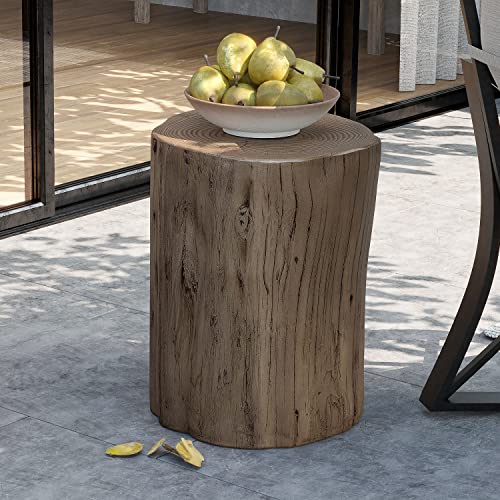 Rustic Stump Side Table, Light Grey Wood-Look Accent Stool D4547