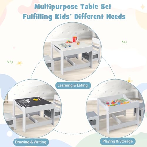 Kids Table and Chairs 3-in-1 Craft Table with Storage, Detachable Tabletop, Removable Blackboard T538236