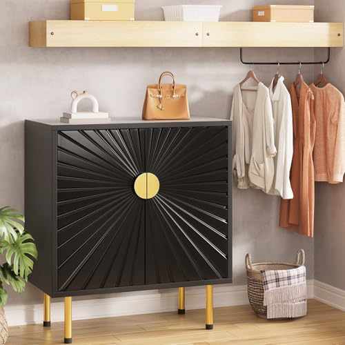 White Accent Storage Cabinet with Gold Handles and Flower Pattern Doors W867