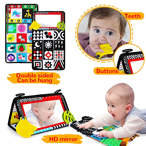 Tummy Time Mirror with Soft Crinkle Cloth Book and Teethers, Black and White Sensory Toy for Newborns E42164