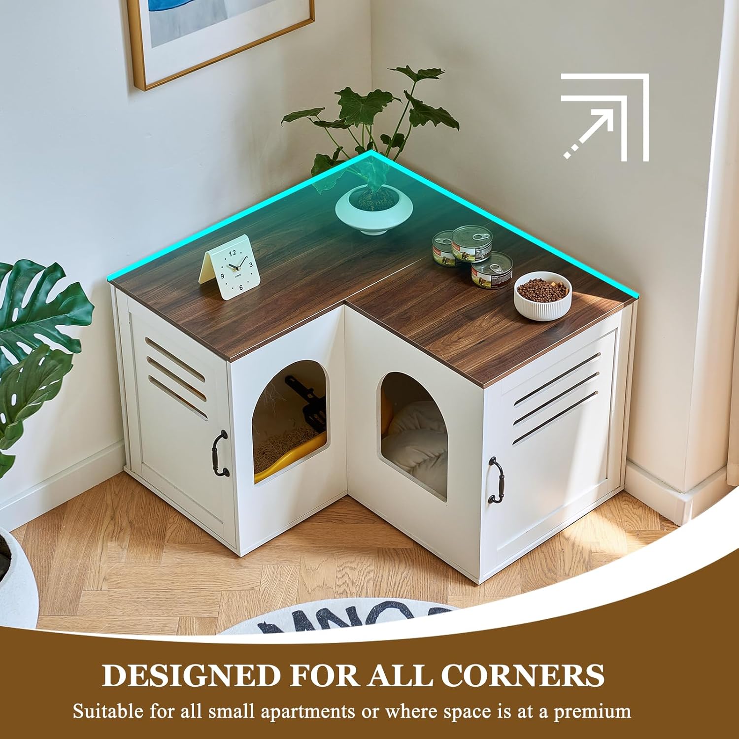 Corner Litter Box Enclosure for Two Cats, Hidden Cabinet with Double Room, White Q645