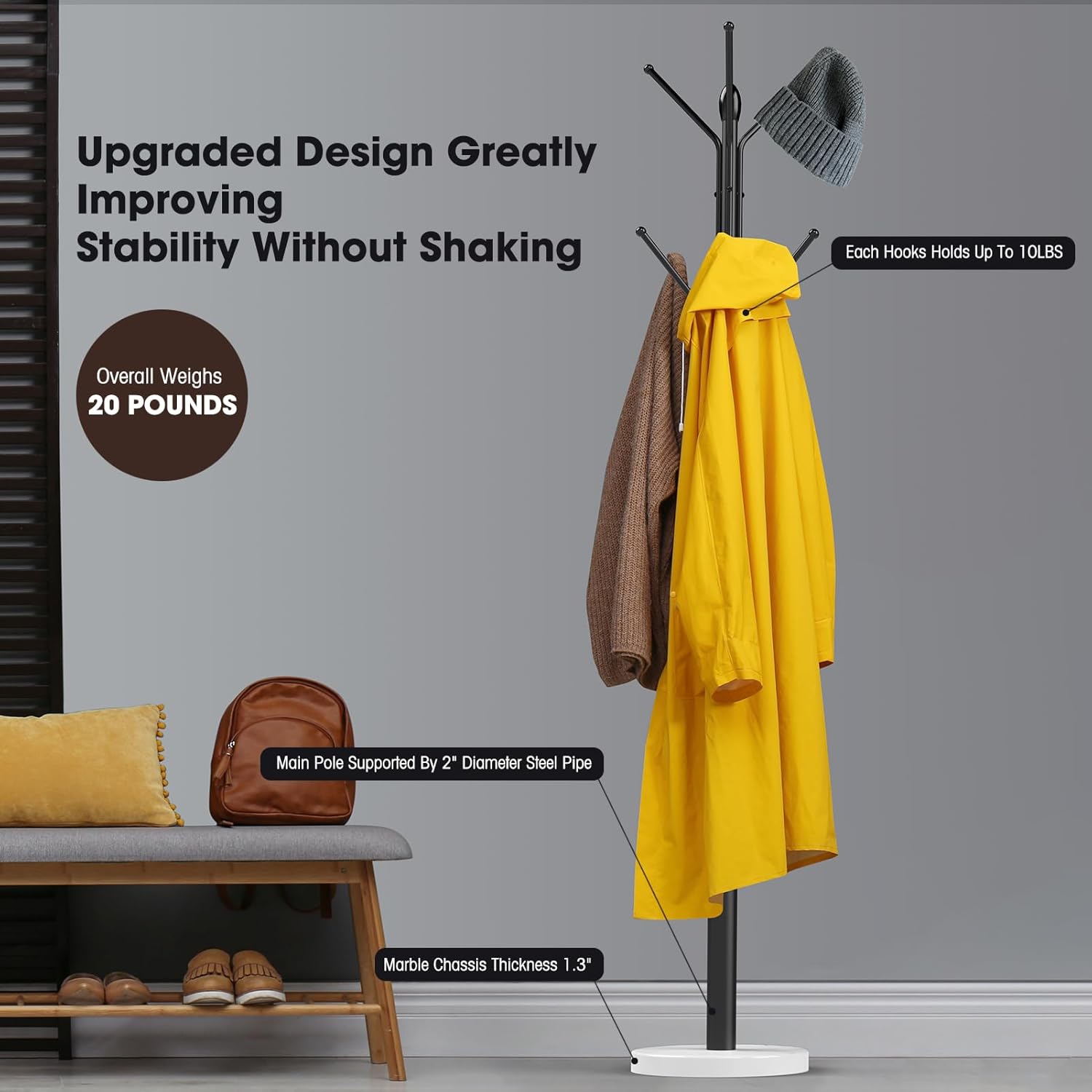 Metal Coat Rack with 12 Storage Hooks, Marble Base T186977