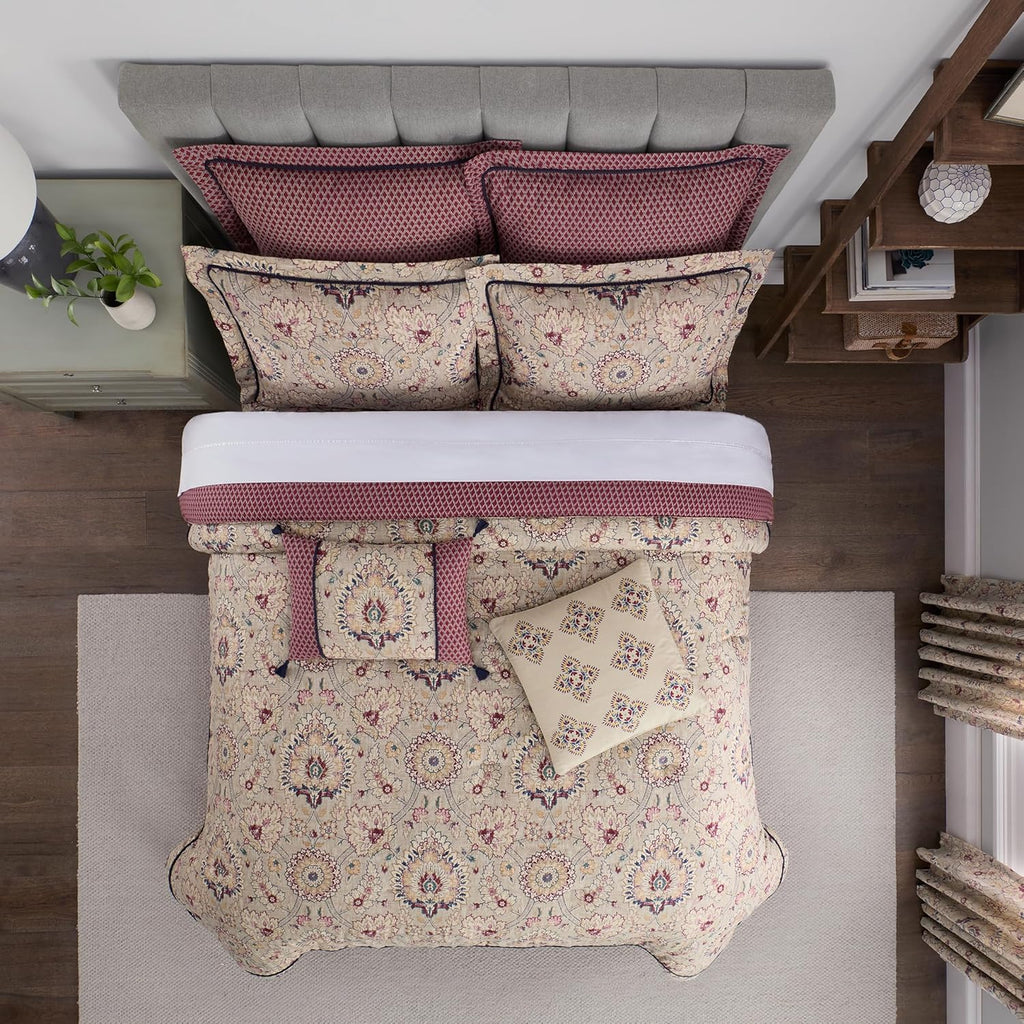 Cotton Comforter Set with Bed Skirt and Pillow Shams, Queen, Beige & Maroon Q2086